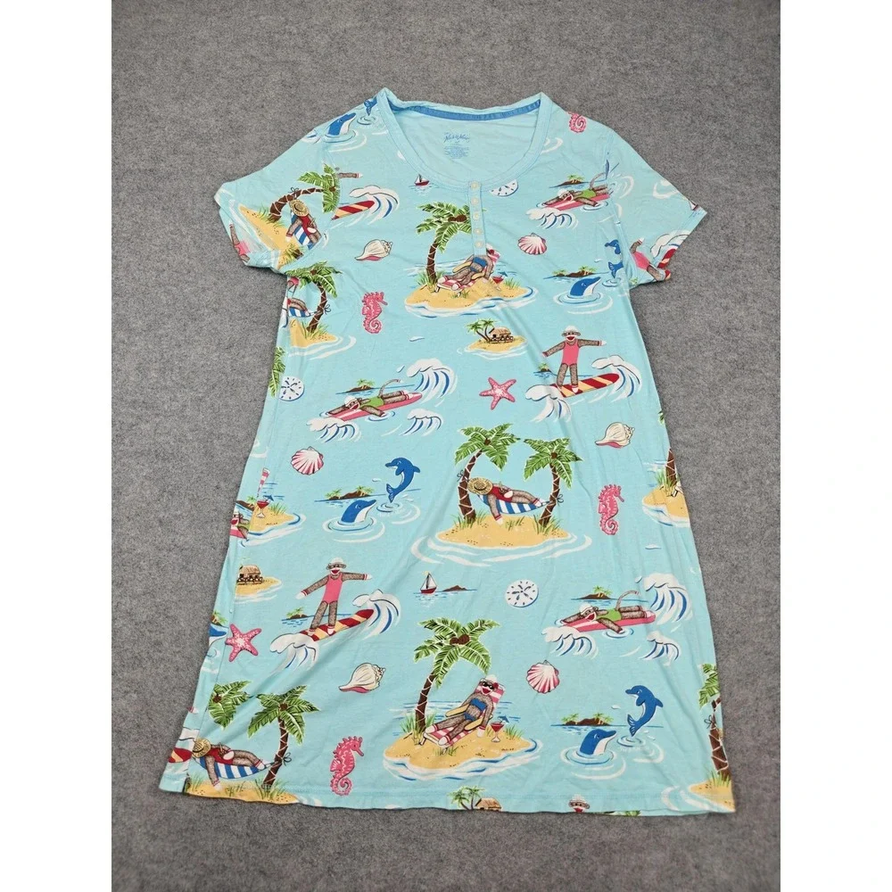 Nick & Nora Sleepshirt Womens XXL Blue Sock Monkey Tropical Print Henley - Picture 1 of 7